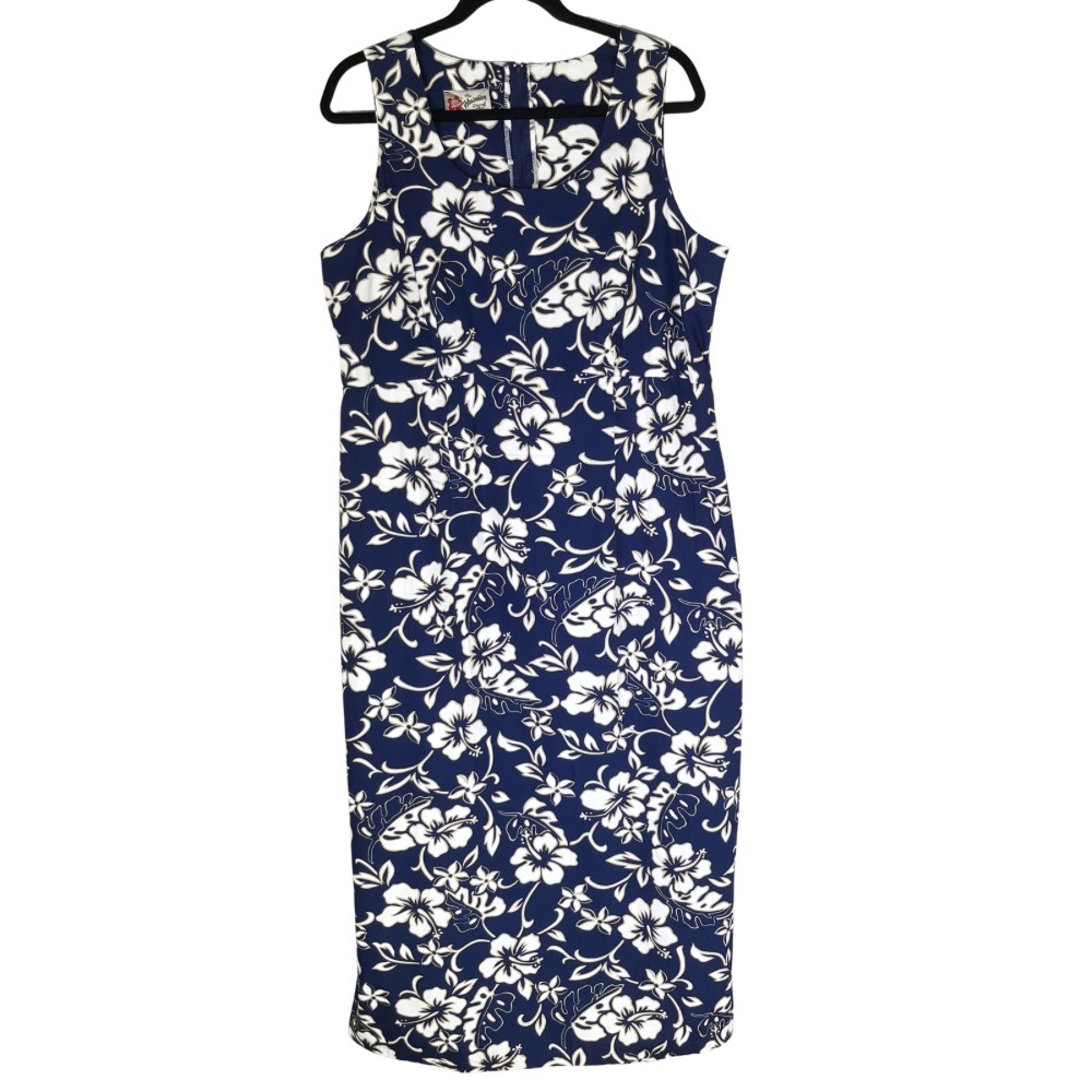 Vintage Hilo Hattie Maxi 20 • 100% Cotton • Navy Hibiscus Plumeria Dress